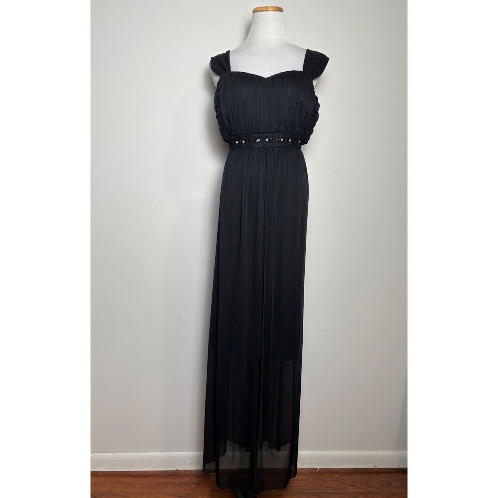 Connected Apparel Black Sheer Regency Maxi Dress 20W Beaded Flowy Evening Party